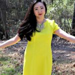 Tilly Buttons Megan Dress Chartreuse Telio Double Knit Fabric Sewing Outstretched Hands