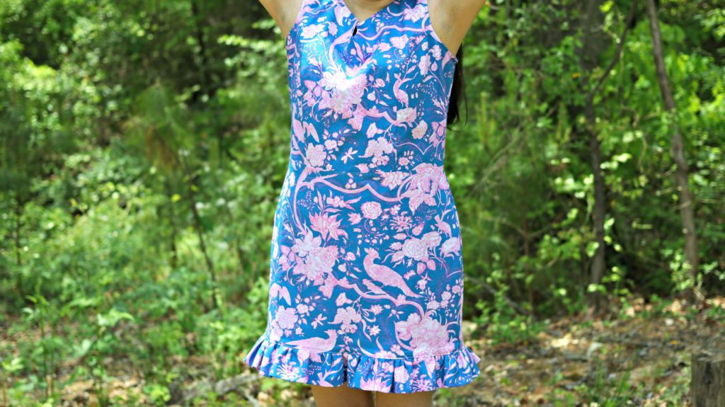 Rebecca Shift Dress Jennifer Paganelli Hotel Frederiksted Fabric Pink Blue close up dress Sis Boom Patterns